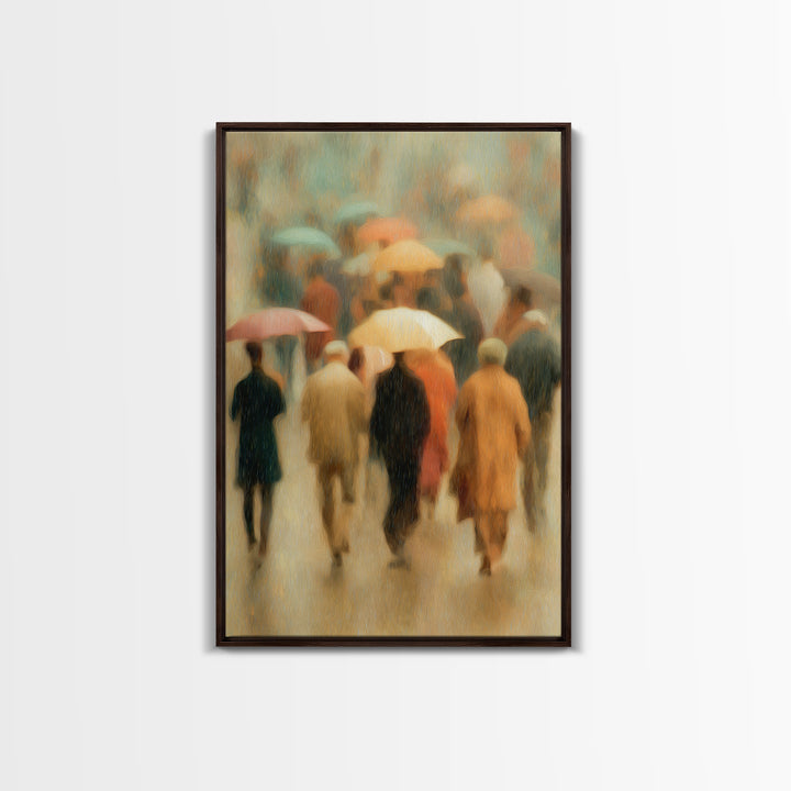 Rain Umbrella Figures Framed Canvas Print, Urban Art, Statement Artwork, Living Room Decor, Fine Art, Urban, Wall Decor, URB-2x3-4