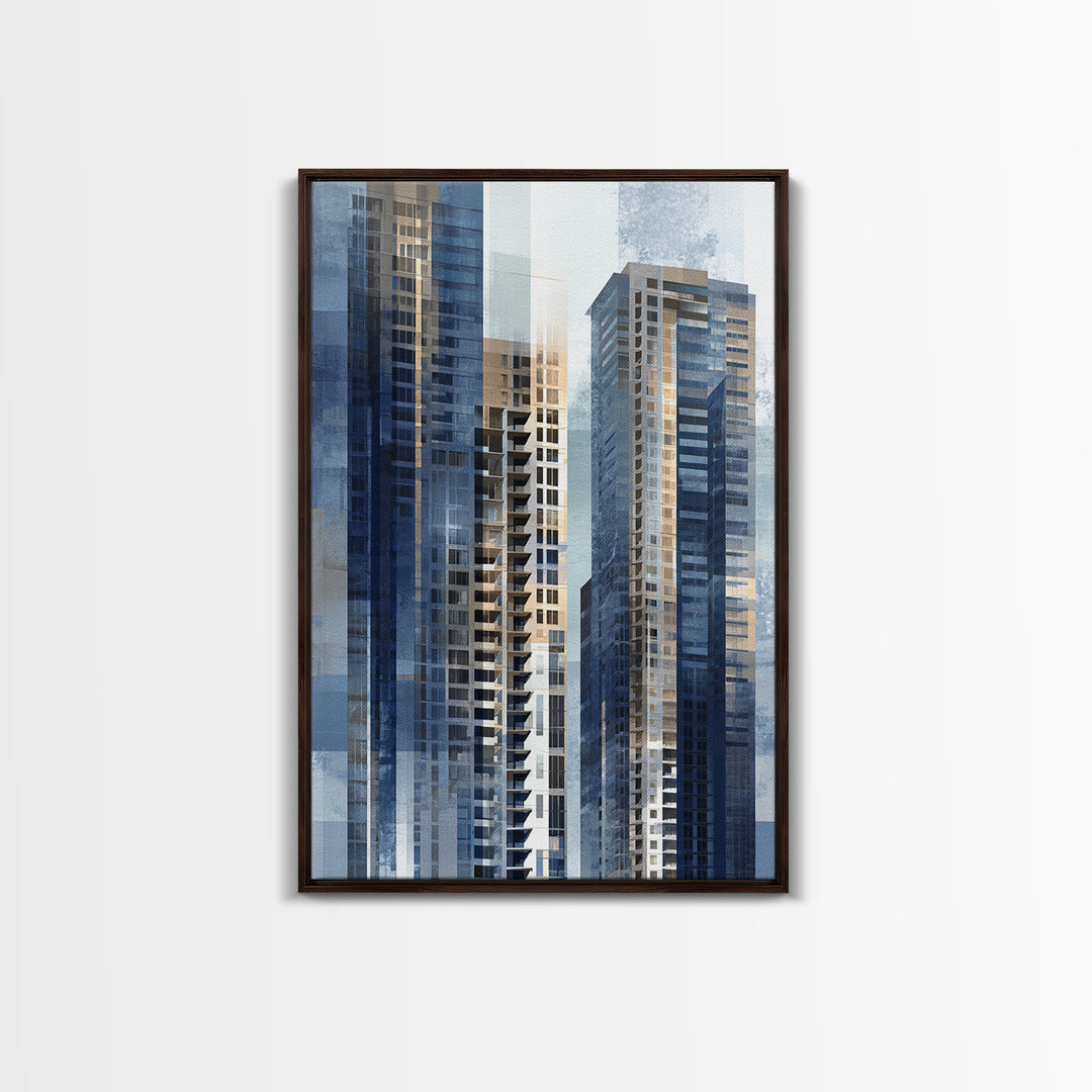 Modern Skyscraper Glass Reflections Framed Canvas Print, Urban Art, Textured Painting, Living Room Decor, Fine Art, Urban, URB-2x3-46