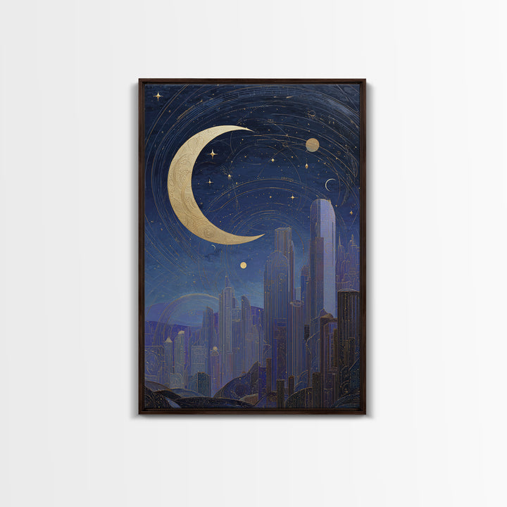 Night Skyline under Crescent Moon Framed Canvas Print, Urban Art, Neutral Decor, Living Room Decor, Fine Art, Urban, Wall Art, URB-2x3-56