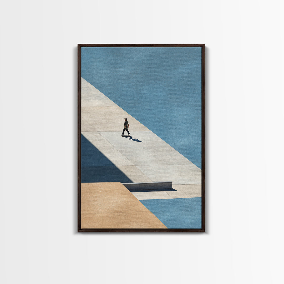 Skateboarder Crossing a Concrete Plaza Framed Canvas Print, Urban Art, Living Room Wall Art, Living Room Decor, Fine Art, Urban, URB-2x3-87