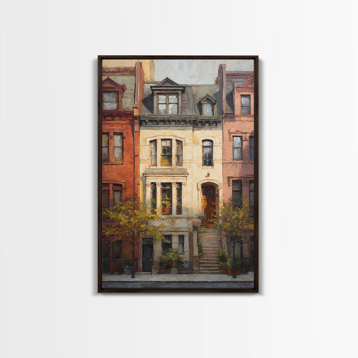 Brownstone Row in Soft Morning Light Framed Canvas Print, Urban Art, Gallery Decor, Living Room Decor, Abstract Art, Urban, URB-2x3-92