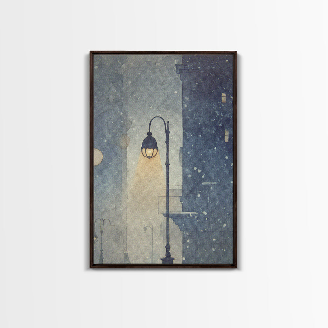 Streetlamp and Falling Snow Framed Canvas Print, Urban Art, Textured Wall Art, Living Room Decor, Urban, Digital Download Art, URB-2x3-93