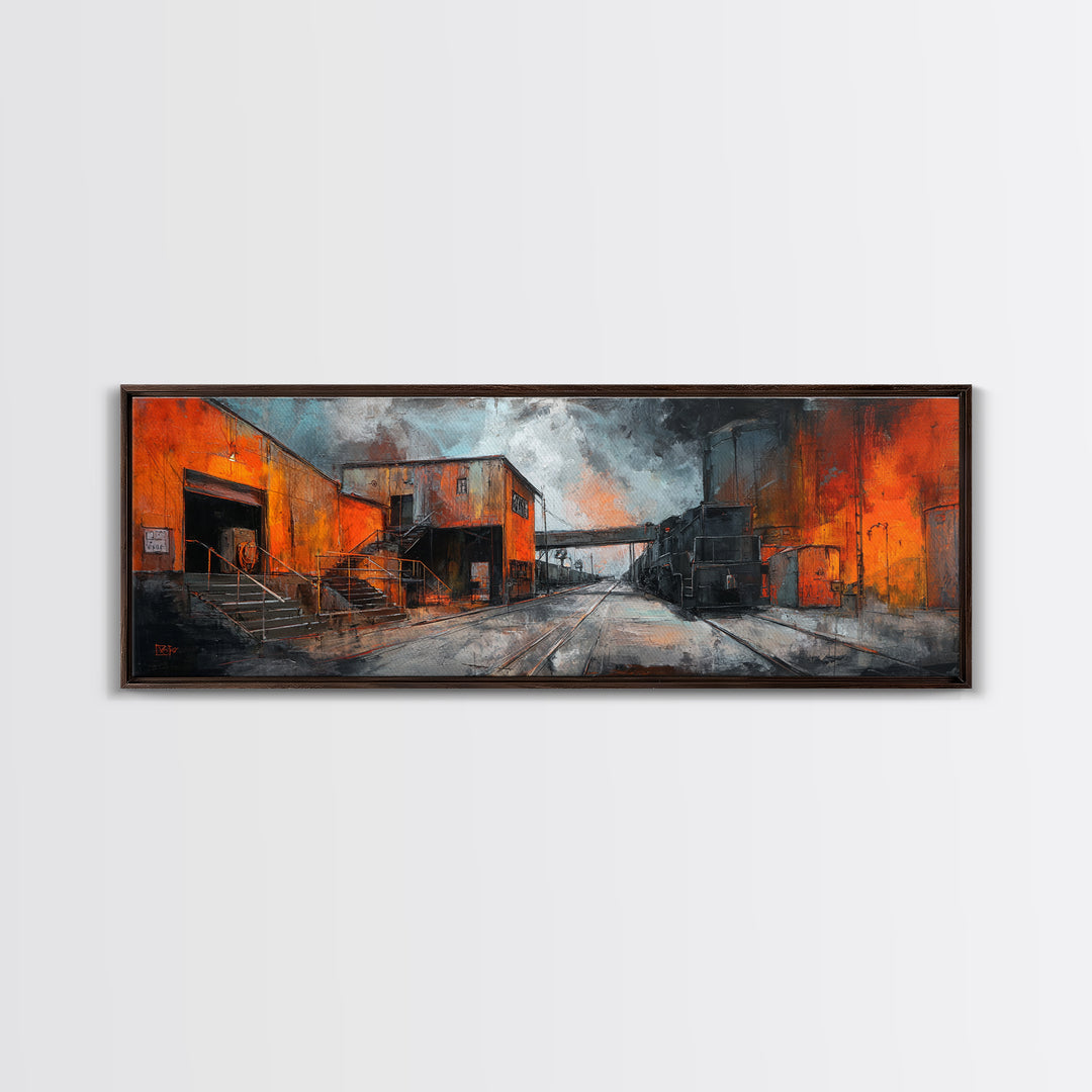 Industrial Rail Tracks Leading into City Canvas Print, Urban Art, Queer Art, Living Room Decor, Fine Art, Urban, URB-3x1-14