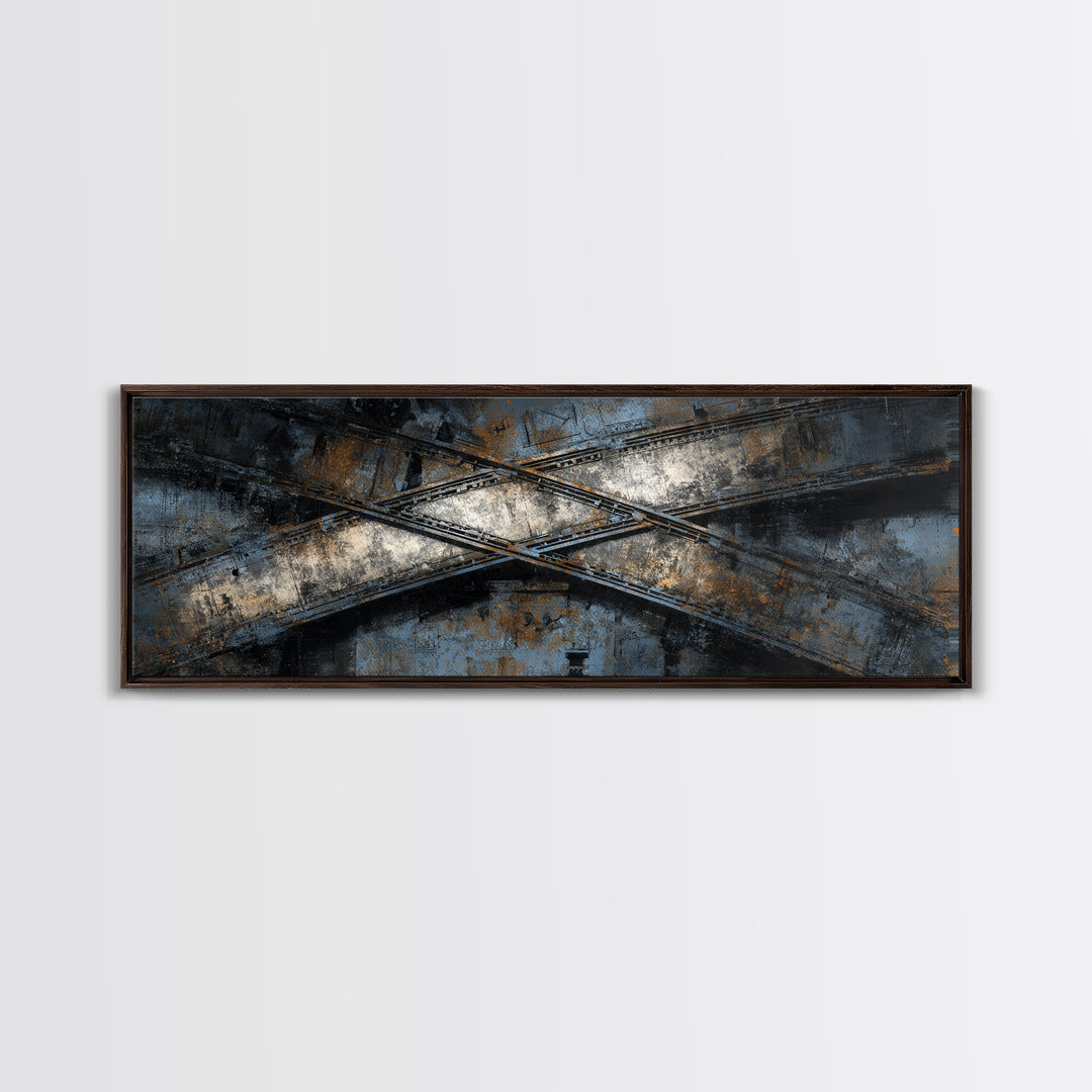 Industrial Rail Tracks Leading into City Canvas Print, Urban Art, Art Deco, Living Room Decor, Urban, Book Shelf Decor, URB-3x1-38