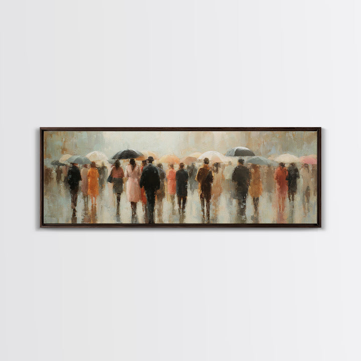 Rain Umbrella Figures Framed Canvas Print, Urban Art, Boho Decor, Living Room Decor, Fine Art, Urban, Digital Prints, URB-3x1-60