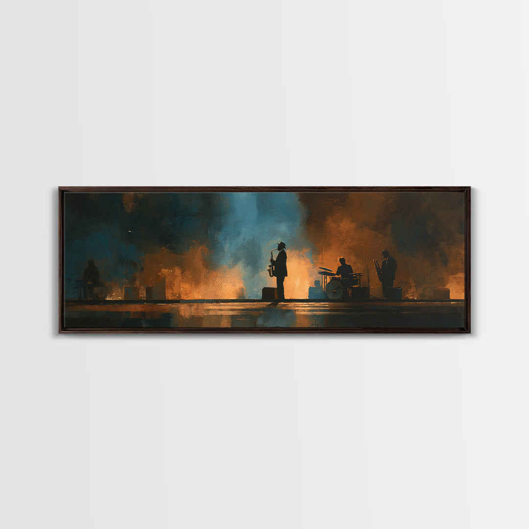 Urban Jazz Musician Silhouette Canvas Print, Urban Art, Poster, Living Room Decor, Urban, Modern Wall Art, Black Wall Art, URB-3x1-80