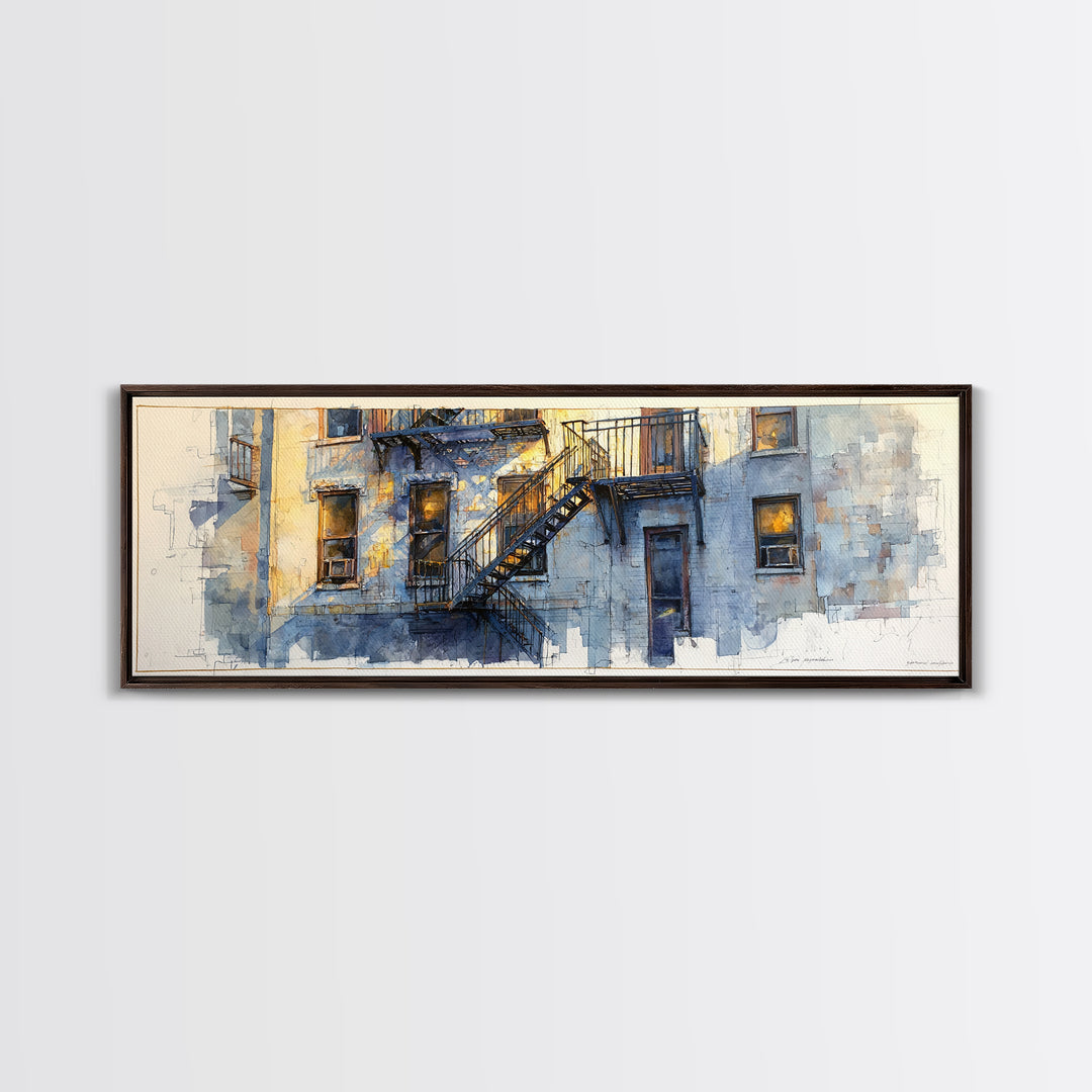 Fire Escape Silhouette Framed Canvas Print, Urban Art, Book Shelf Decor, Living Room Decor, Fine Art, Urban, Modern Decor, URB-3x1-90