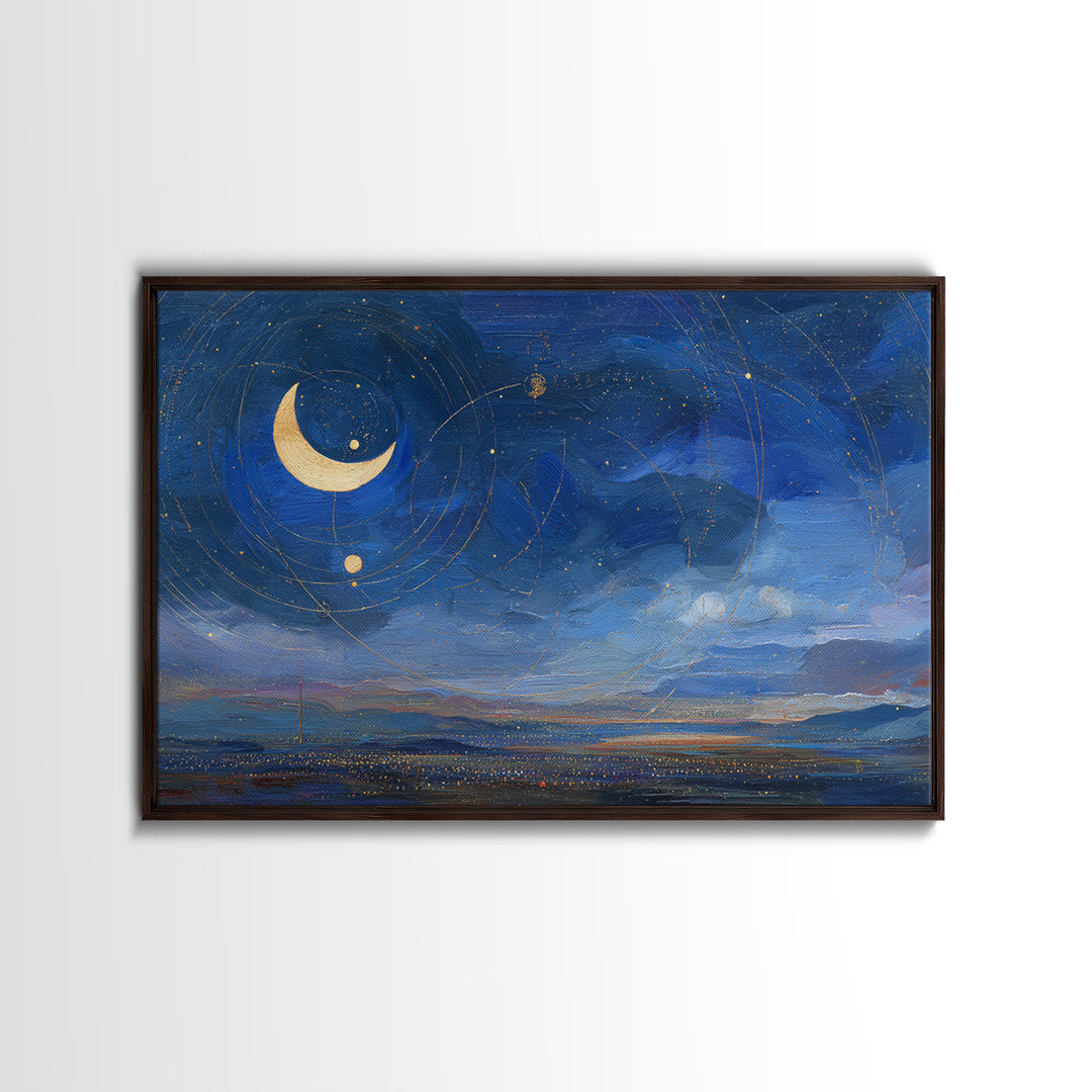 Night Skyline under Crescent Moon Framed Canvas Print, Urban Art, Fine Art Print, Living Room Decor, Abstract Art, Urban, URB-3x2-100