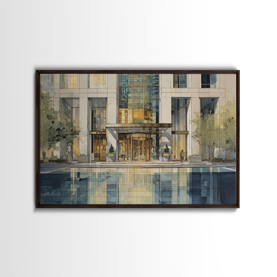 Modern Skyscraper Glass Reflections Framed Canvas Print, Urban Art, Art Deco, Living Room Decor, Urban, Book Shelf Decor, URB-3x2-18