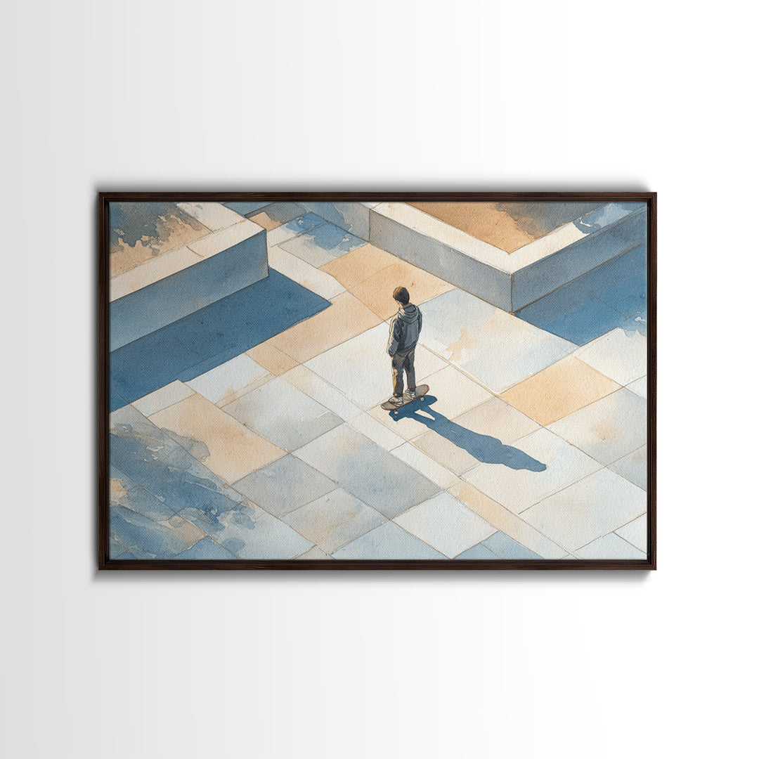 Skateboarder Crossing a Concrete Plaza Framed Canvas Print, Urban Art, Art Print, Living Room Decor, Oil Painting, Urban, URB-3x2-59