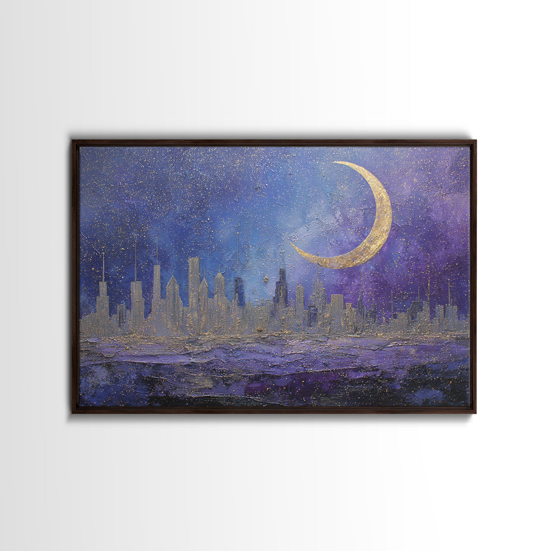 Night Skyline under Crescent Moon Canvas Print, Urban Art, Basketball Wall Art, Living Room Decor, Abstract Art, Urban, URB-3x2-76