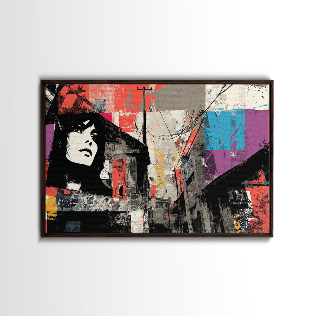Graffiti Covered Alley Rendered as Color Collage Framed Canvas Print, Urban Art, Fine Art Print, Living Room Decor, Urban, URB-3x2-87