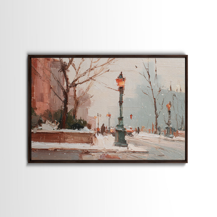 Streetlamp and Falling Snow Canvas Print, Urban Art, Basketball Wall Art, Living Room Decor, Oil Painting, Urban, URB-3x2-89