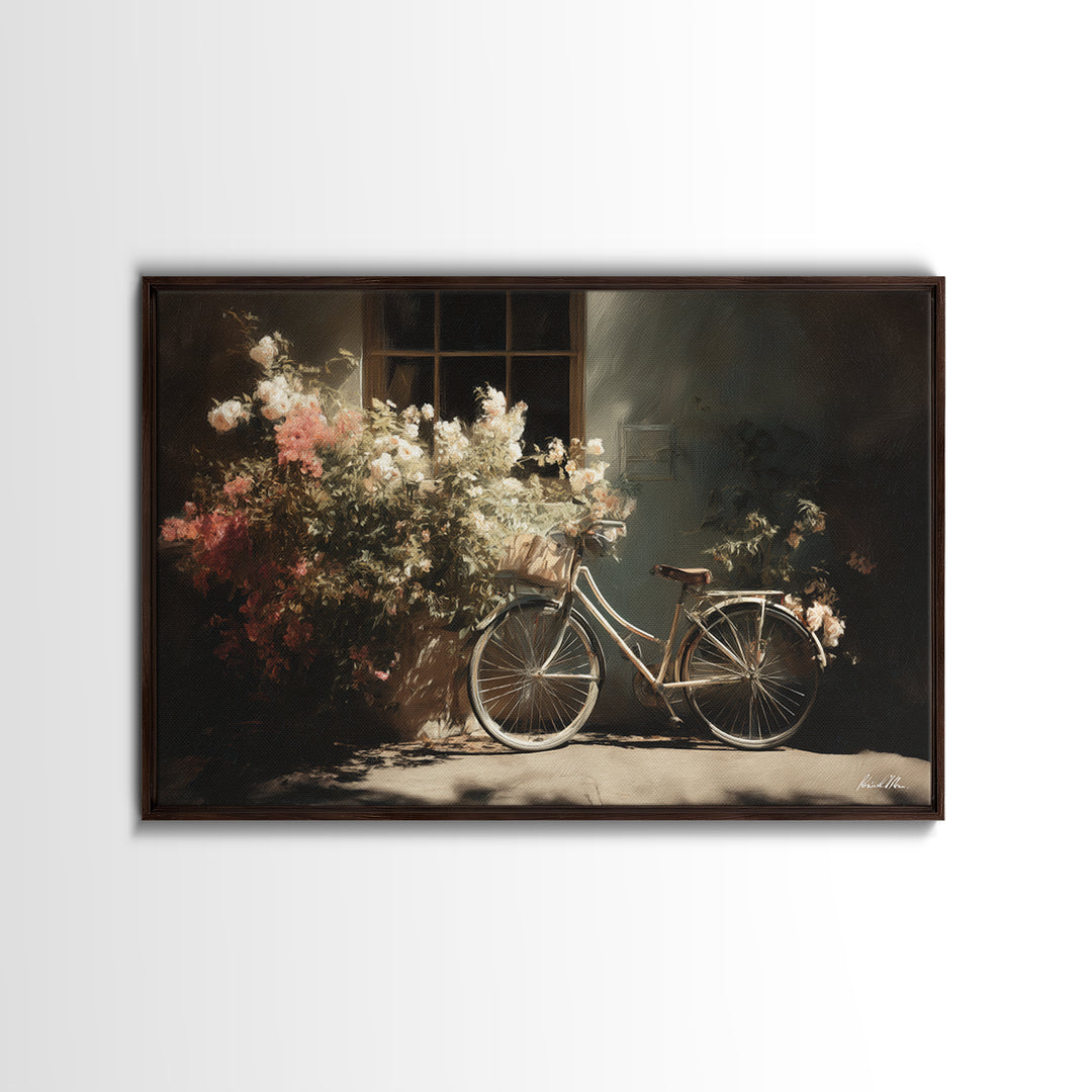 Bicycle Locked to Post Framed Canvas Print, Urban Art, Poster, Living Room Decor, Watercolor Art, Urban, Modern Wall Art, URB-3x2-91
