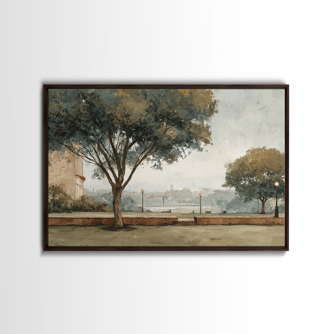 City Park Tree Framed by Buildings Canvas Print, Urban Art, Book Shelf Decor, Living Room Decor, Abstract Art, Urban, URB-3x2-94