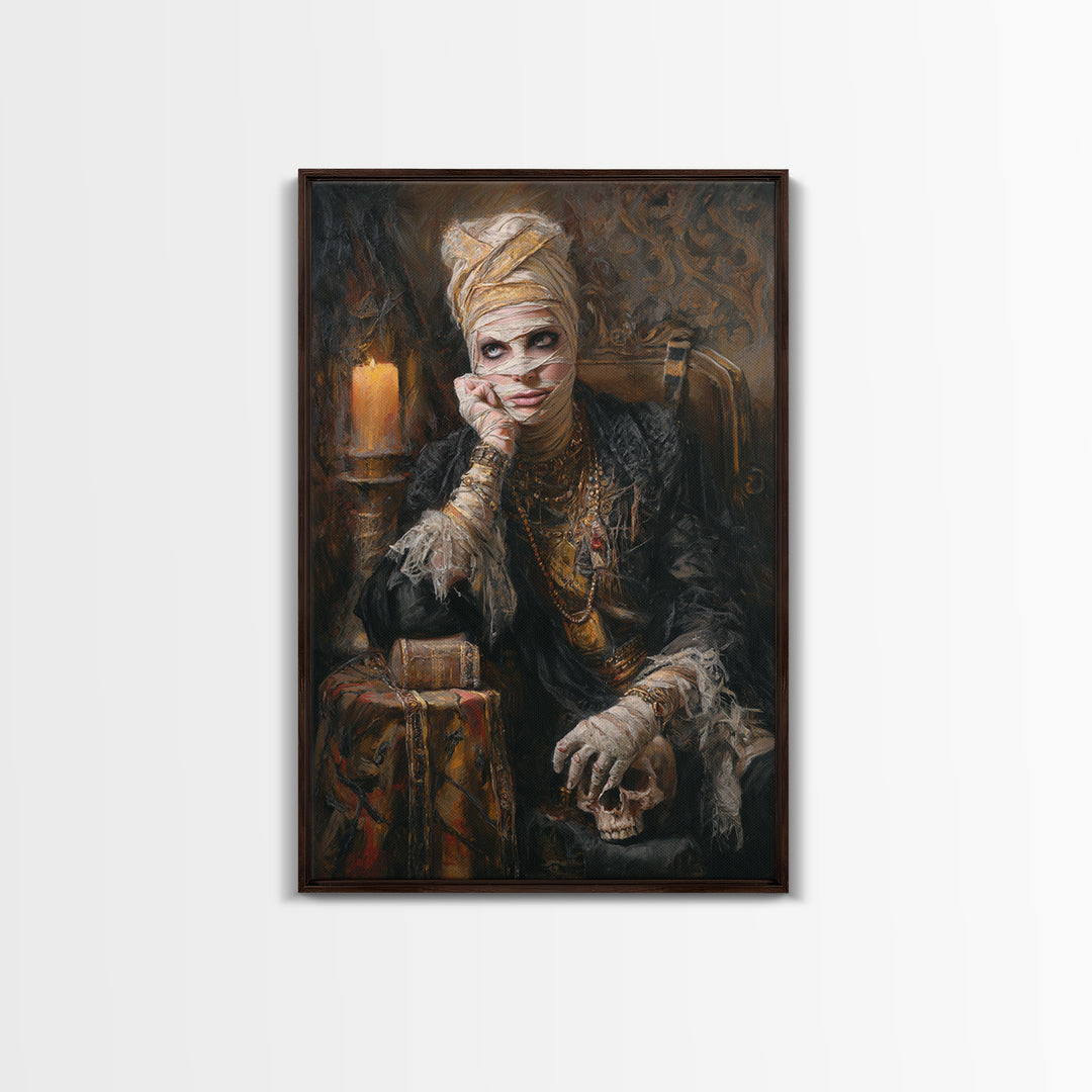 The Mummy Pharaoh, Antique Gothic Portrait, Vertical Wall Art, Framed Canvas Print, Gothic Wall Decor, Halloween Portrait Art