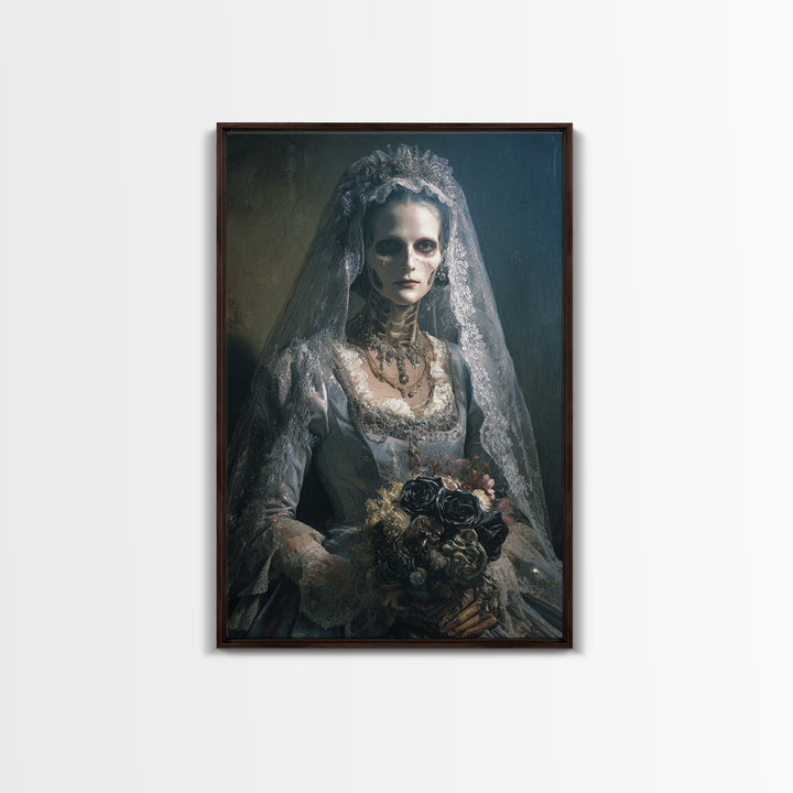 The Skeletal Bride, Dark Academia Wall Art, Vertical Wall Art, Framed Canvas Print, Gothic Wall Decor, Halloween Portrait Art