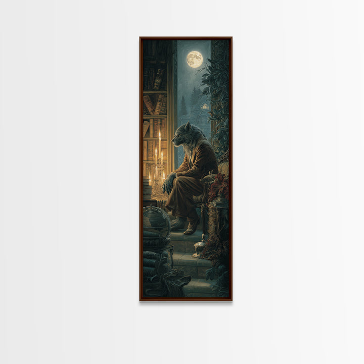 The Moon-Cursed Werewolf, Dark Academia Wall Art, Tall Narrow Wall Art, Framed Canvas Print, Gothic Wall Decor, Halloween Portrait Art
