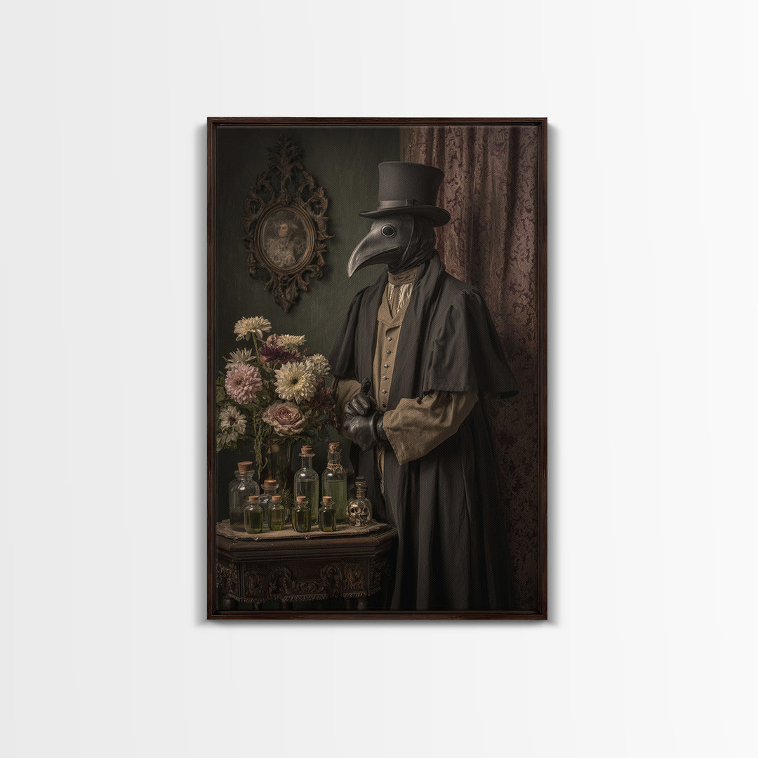 The Plague Doctor, Macabre Victorian Decor, Vertical Wall Art, Framed Canvas Print, Gothic Wall Decor, Halloween Portrait Art