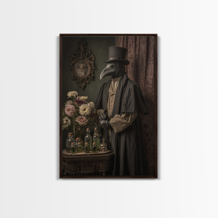 The Plague Doctor, Macabre Victorian Decor, Vertical Wall Art, Framed Canvas Print, Gothic Wall Decor, Halloween Portrait Art