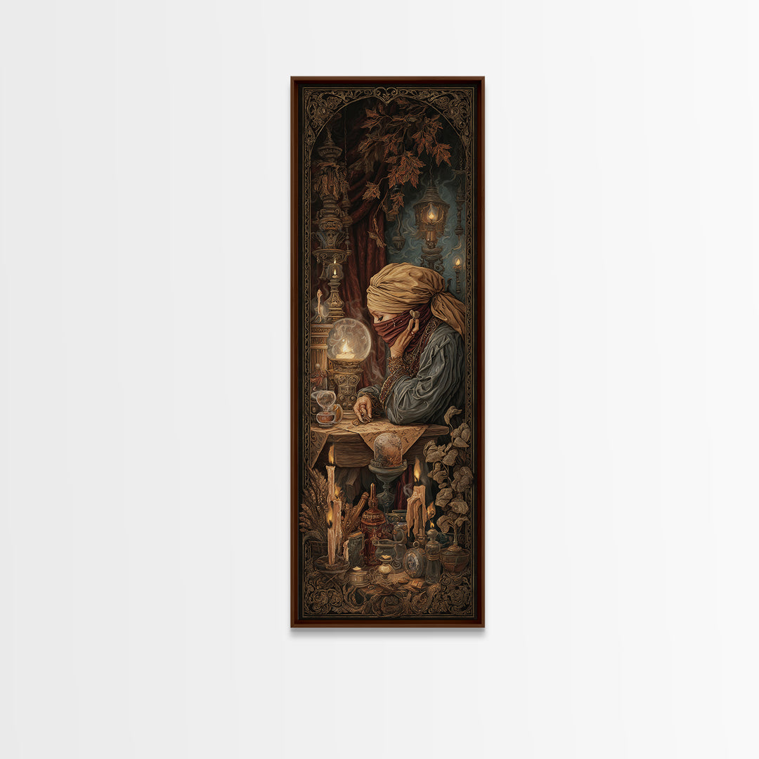 The Midnight Fortune Teller, Victorian Gothic Art, Tall Narrow Wall Art, Framed Canvas Print, Gothic Wall Decor, Halloween Portrait Art