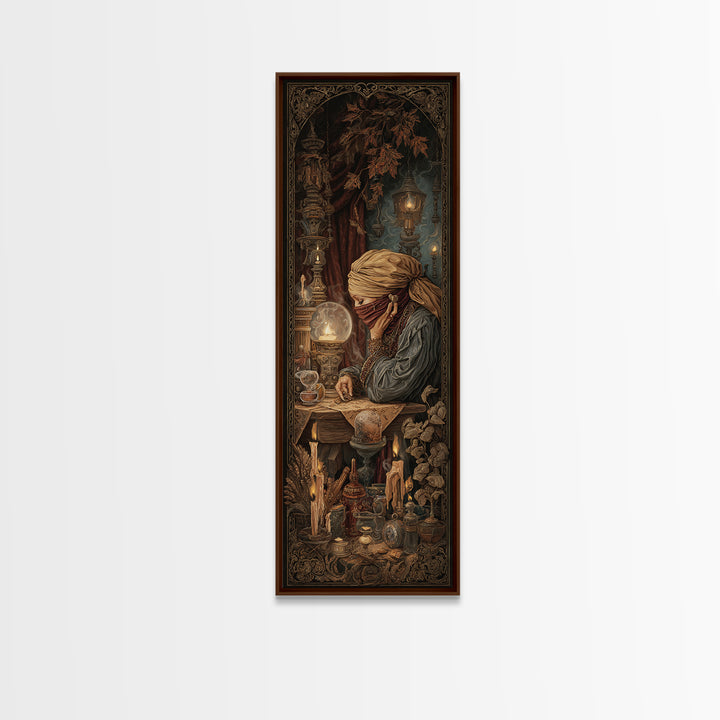 The Midnight Fortune Teller, Victorian Gothic Art, Tall Narrow Wall Art, Framed Canvas Print, Gothic Wall Decor, Halloween Portrait Art