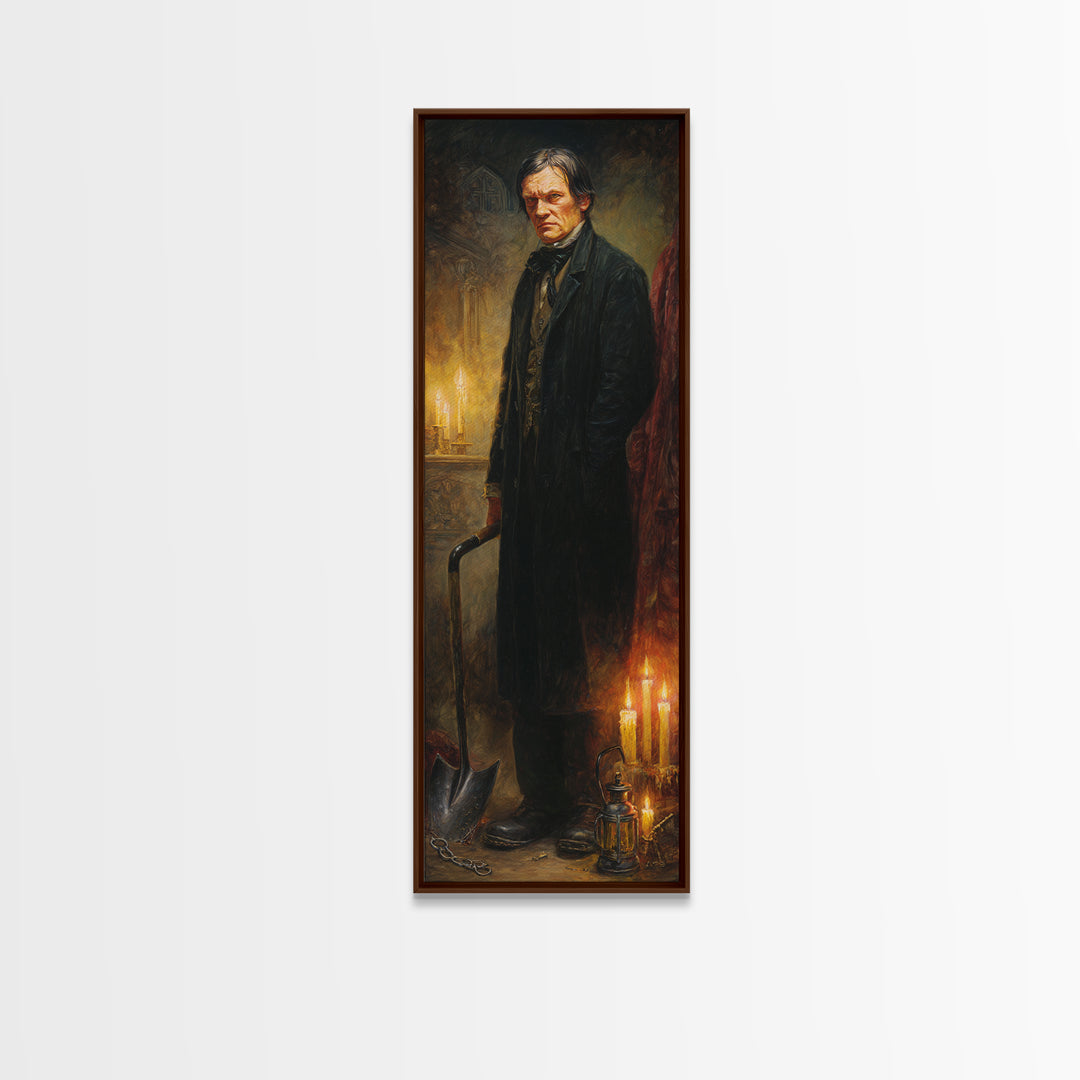 The Lantern Gravedigger, Victorian Gothic Art, Tall Narrow Wall Art, Framed Canvas Print, Gothic Wall Decor, Halloween Portrait Art