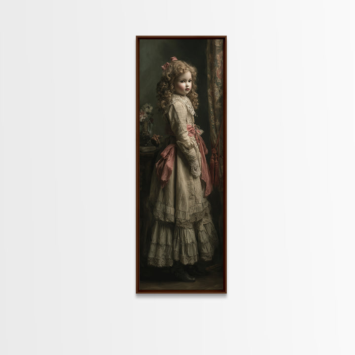 The Haunted Porcelain Doll, Antique Gothic Portrait, Tall Narrow Wall Art, Framed Canvas Print, Gothic Wall Decor, Halloween Portrait Art