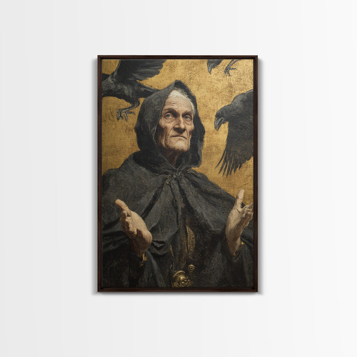The Raven Keeper, Antique Gothic Portrait, Vertical Wall Art, Framed Canvas Print, Gothic Wall Decor, Halloween Portrait Art