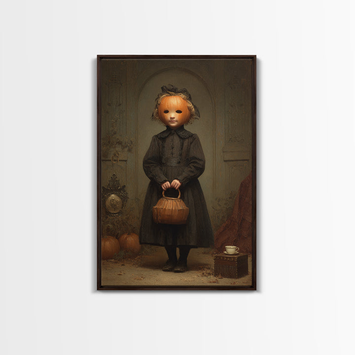The Pumpkin-Headed Child, Dark Academia Wall Art, Vertical Wall Art, Canvas Print, Gothic Wall Decor, Halloween Portrait Art