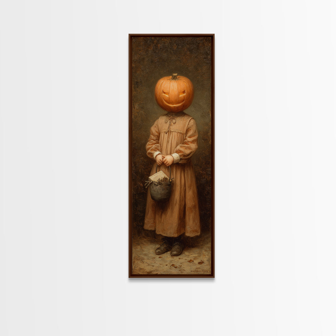 The Pumpkin-Headed Child, Victorian Gothic Art, Tall Narrow Wall Art, Framed Canvas Print, Gothic Wall Decor, Halloween Portrait Art