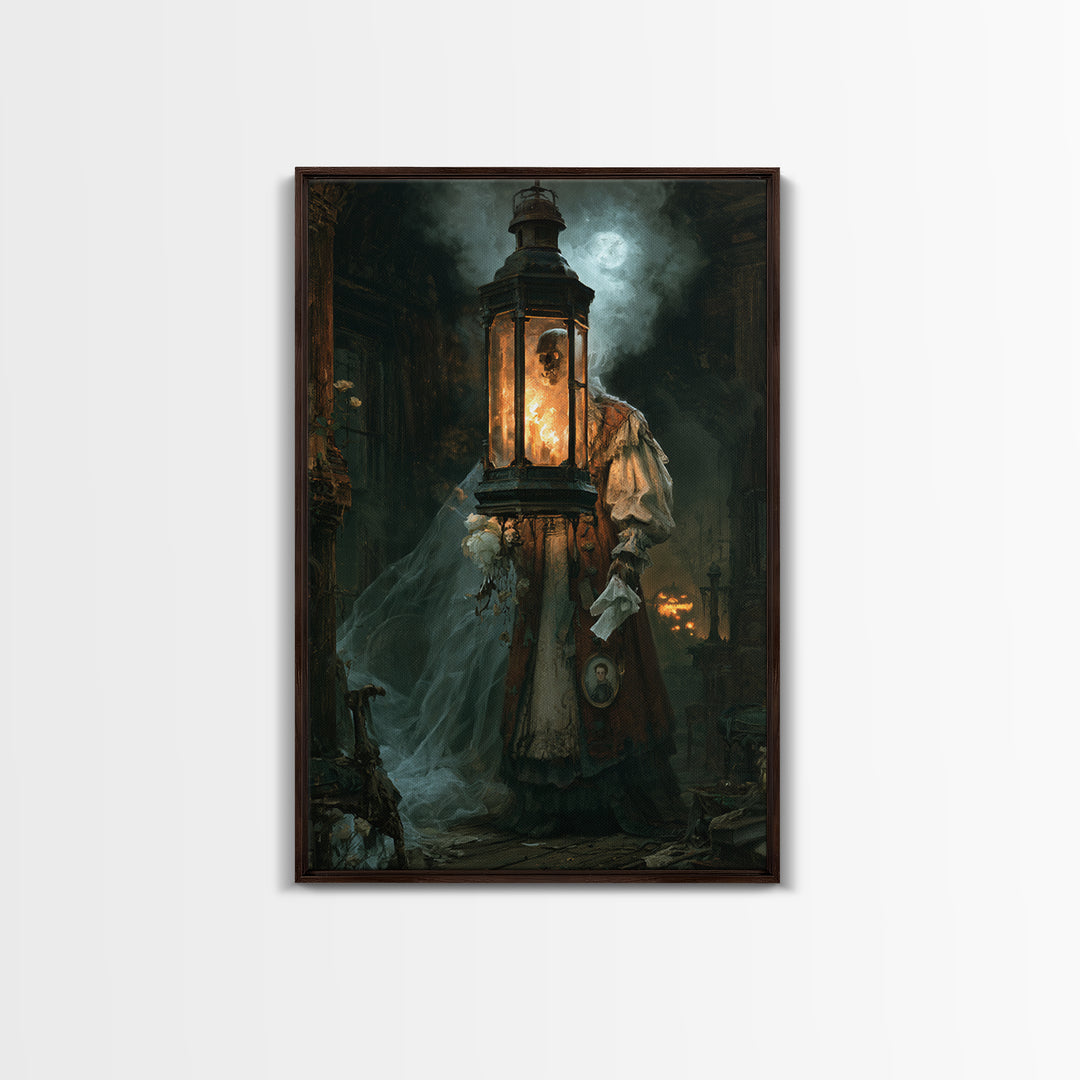 The Lantern Specter, Victorian Horror Portrait, Vertical Wall Art, Canvas Print, Gothic Wall Decor, Halloween Portrait Art, Dark Fantasy Art