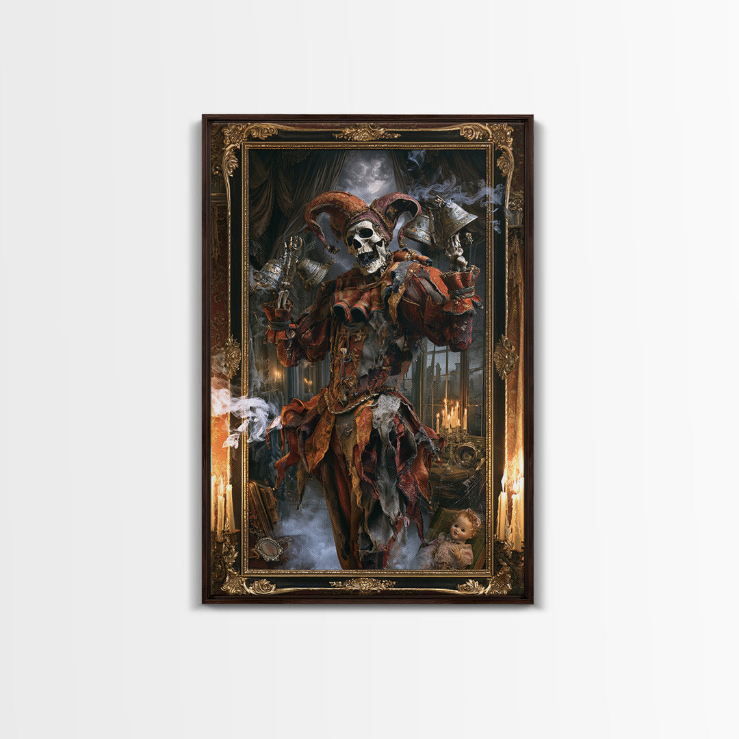 The Phantom Jester, Victorian Gothic Art, Vertical Wall Art, Framed Canvas Print, Gothic Wall Decor, Halloween Portrait Art