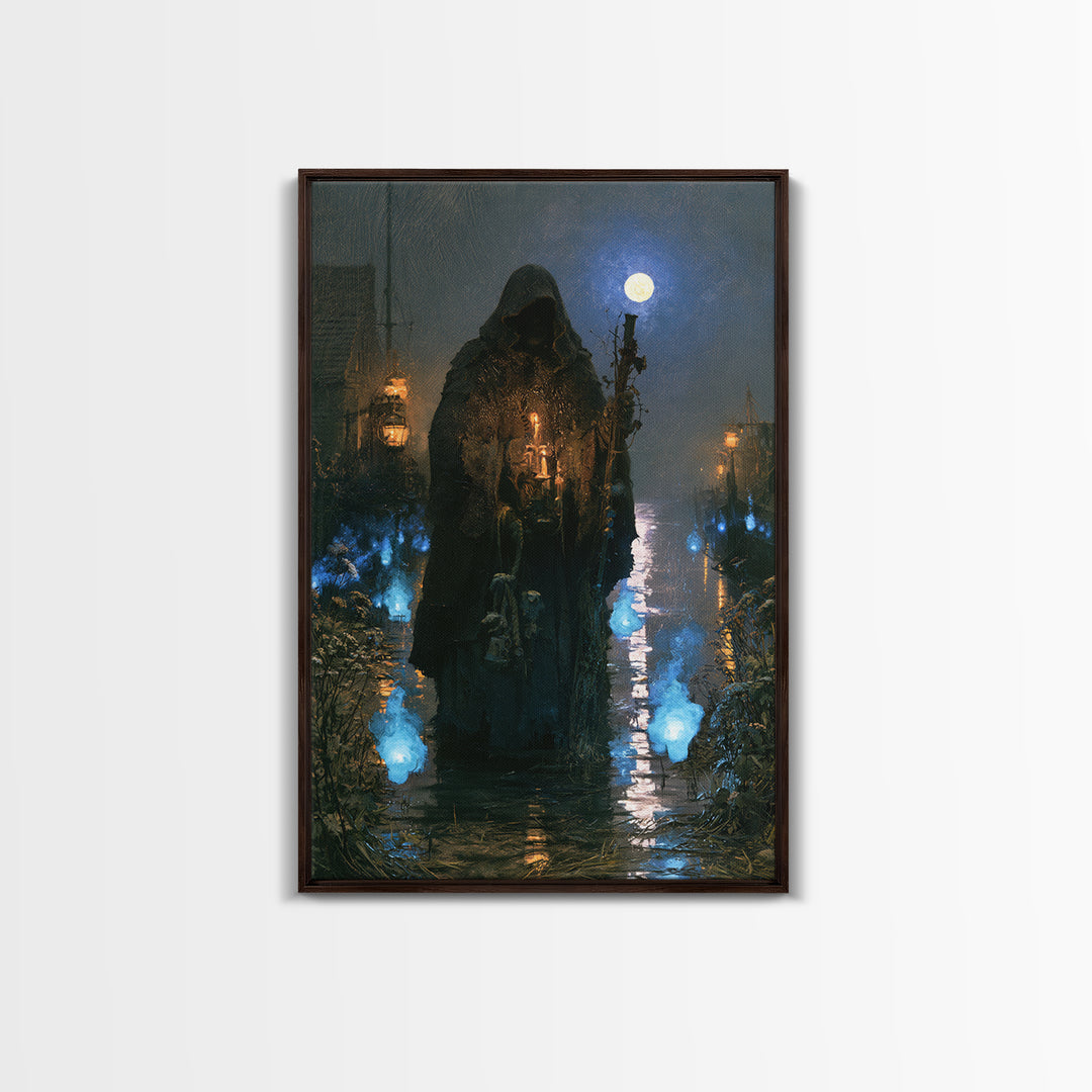 The Will-O'-The-Wisp Shepherd, Victorian Horror Portrait, Vertical Wall Art, Framed Canvas Print, Gothic Wall Decor, Halloween Portrait Art