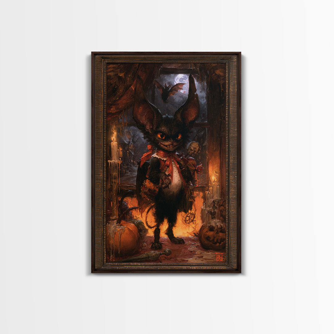 The Bat-Winged Imp, Dark Academia Wall Art, Vertical Wall Art, Framed Canvas Print, Gothic Wall Decor, Halloween Portrait Art