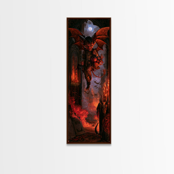 The Bat-Winged Imp, Macabre Victorian Decor, Tall Narrow Wall Art, Canvas Print, Gothic Wall Decor, Halloween Portrait Art