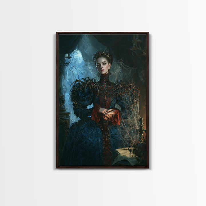 The Spider Queen, Antique Gothic Portrait, Vertical Wall Art, Framed Canvas Print, Gothic Wall Decor, Halloween Portrait Art