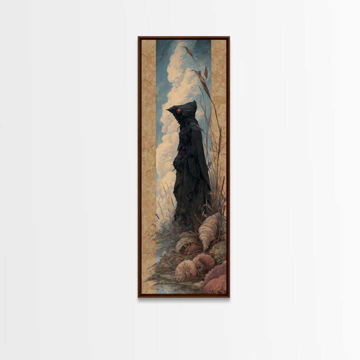 The Red-Eyed Moth Creature, Dark Academia Wall Art, Tall Narrow Wall Art, Canvas Print, Gothic Wall Decor, Halloween Portrait Art