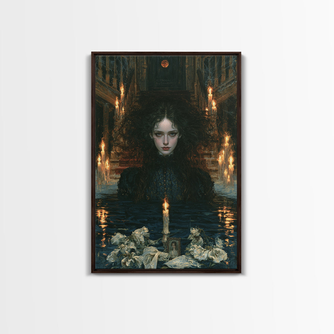 The Lake Phantom, Antique Gothic Portrait, Vertical Wall Art, Framed Canvas Print, Gothic Wall Decor, Halloween Portrait Art