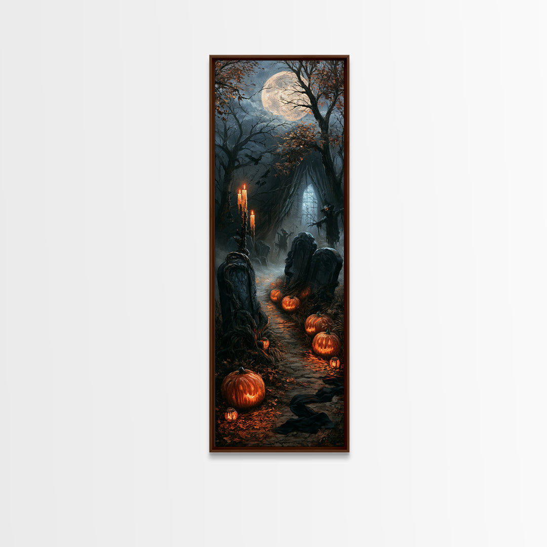 The Moonlit Cemetery, Victorian Gothic Art, Tall Narrow Wall Art, Canvas Print, Gothic Wall Decor, Halloween Portrait Art, Gothic Home Decor