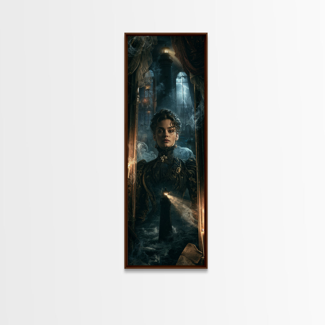 The Cursed Lighthouse, Antique Gothic Portrait, Tall Narrow Wall Art, Framed Canvas Print, Gothic Wall Decor, Halloween Portrait Art