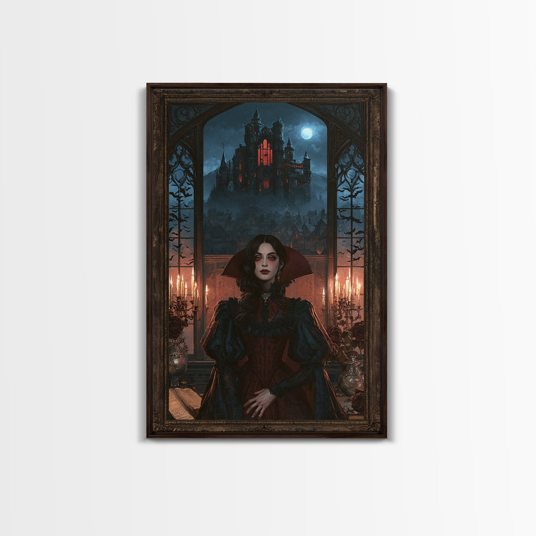 The Vampire Castle, Victorian Horror Portrait, Vertical Wall Art, Framed Canvas Print, Gothic Wall Decor, Halloween Portrait Art