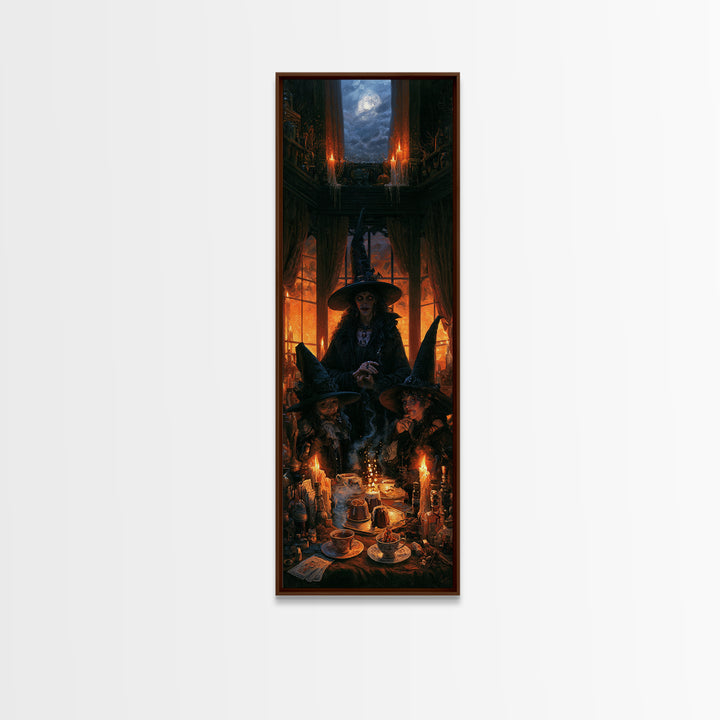 The Witches' Tea Party, Antique Gothic Portrait, Tall Narrow Wall Art, Canvas Print, Gothic Wall Decor, Halloween Portrait Art