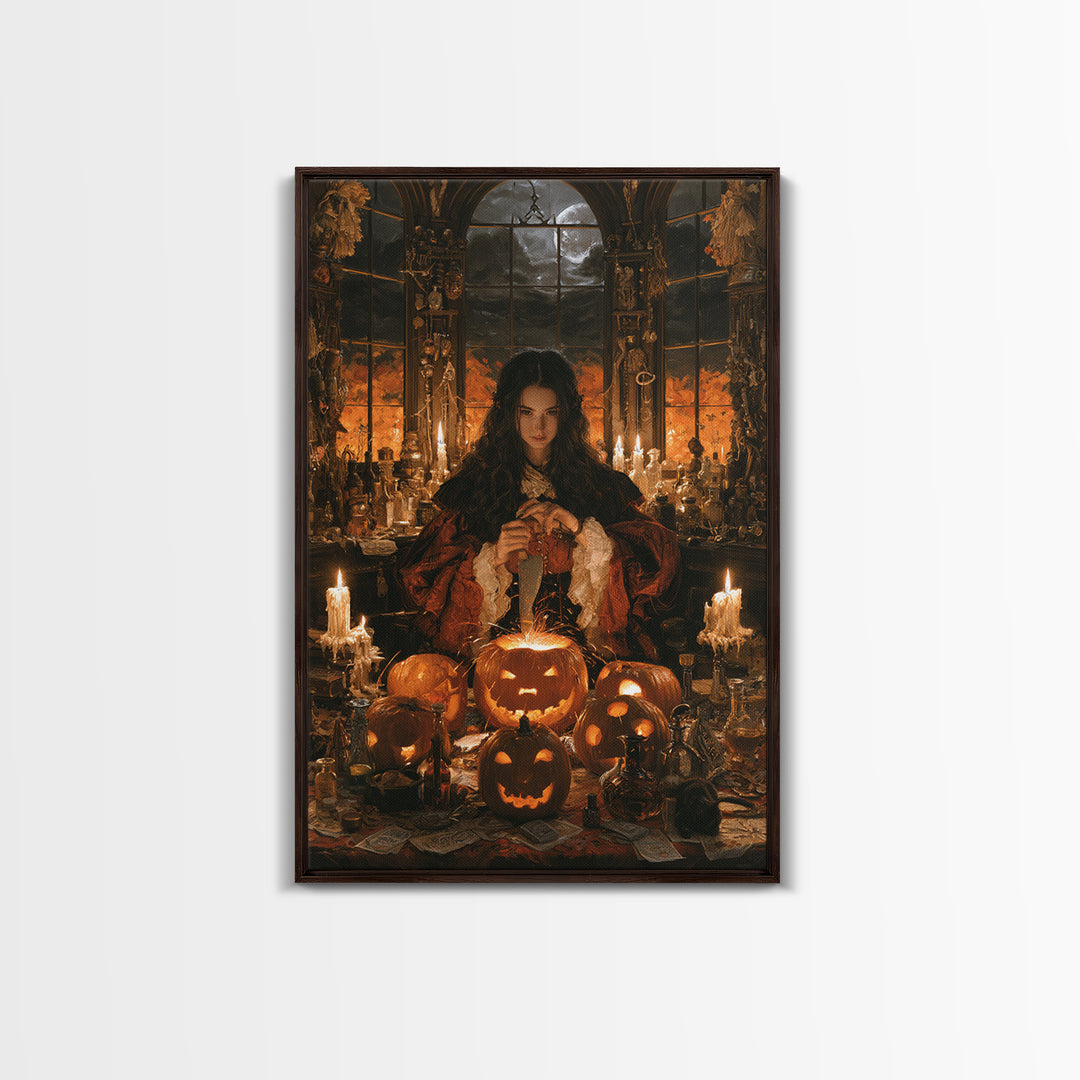 The Pumpkin-Carving Ritual, Victorian Gothic Art, Vertical Wall Art, Canvas Print, Gothic Wall Decor, Halloween Portrait Art