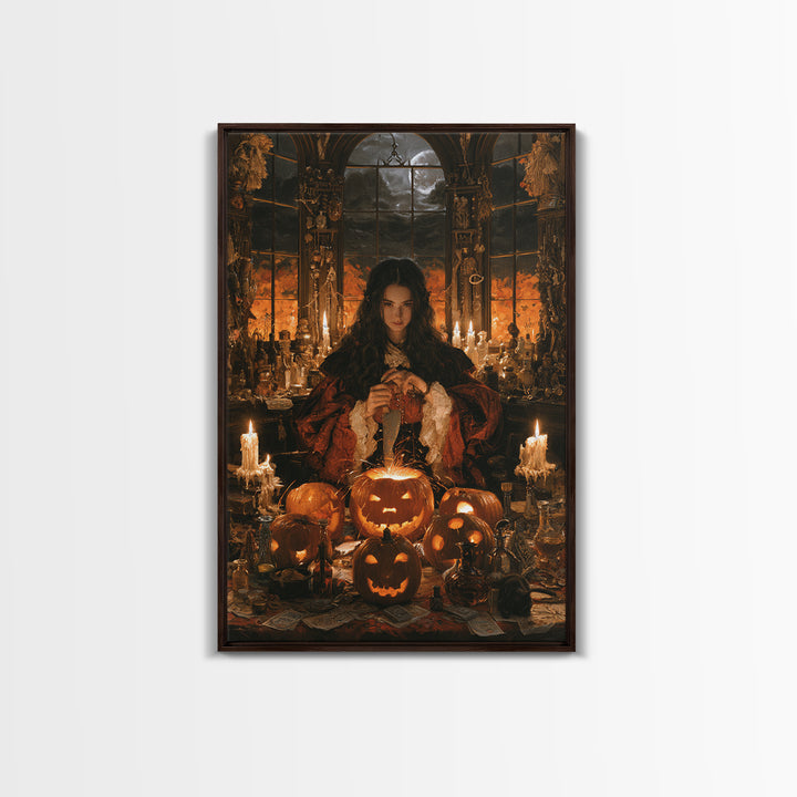 The Pumpkin-Carving Ritual, Victorian Gothic Art, Vertical Wall Art, Canvas Print, Gothic Wall Decor, Halloween Portrait Art