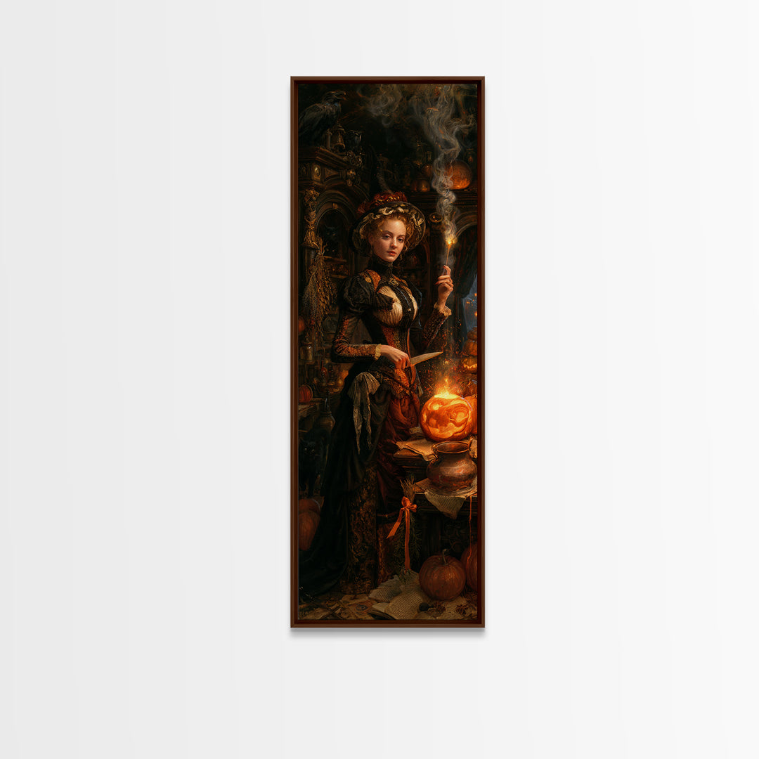 The Pumpkin-Carving Ritual, Victorian Horror Portrait, Tall Narrow Wall Art, Framed Canvas Print, Gothic Wall Decor, Halloween Portrait Art