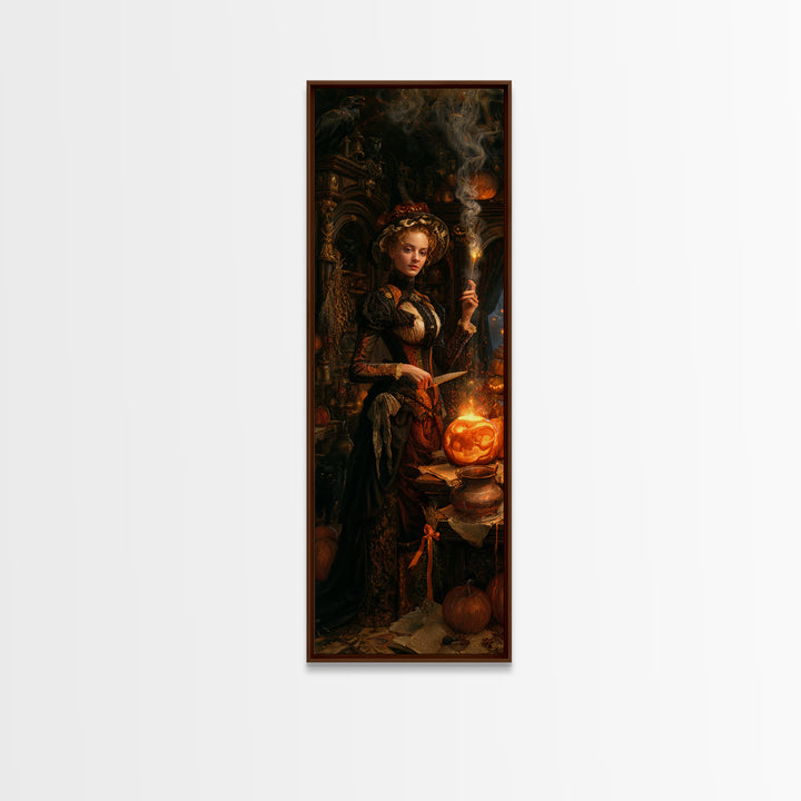The Pumpkin-Carving Ritual, Victorian Horror Portrait, Tall Narrow Wall Art, Framed Canvas Print, Gothic Wall Decor, Halloween Portrait Art