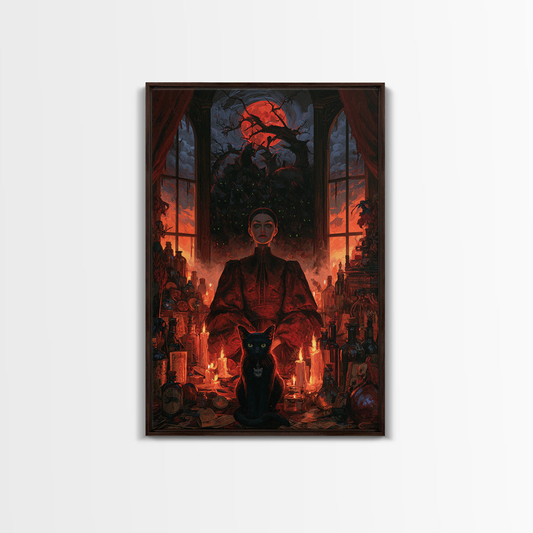 The Black Cat Gathering, Macabre Victorian Decor, Vertical Wall Art, Framed Canvas Print, Gothic Wall Decor, Halloween Portrait Art