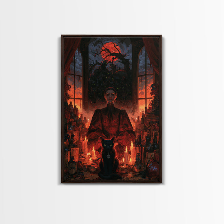 The Black Cat Gathering, Macabre Victorian Decor, Vertical Wall Art, Framed Canvas Print, Gothic Wall Decor, Halloween Portrait Art