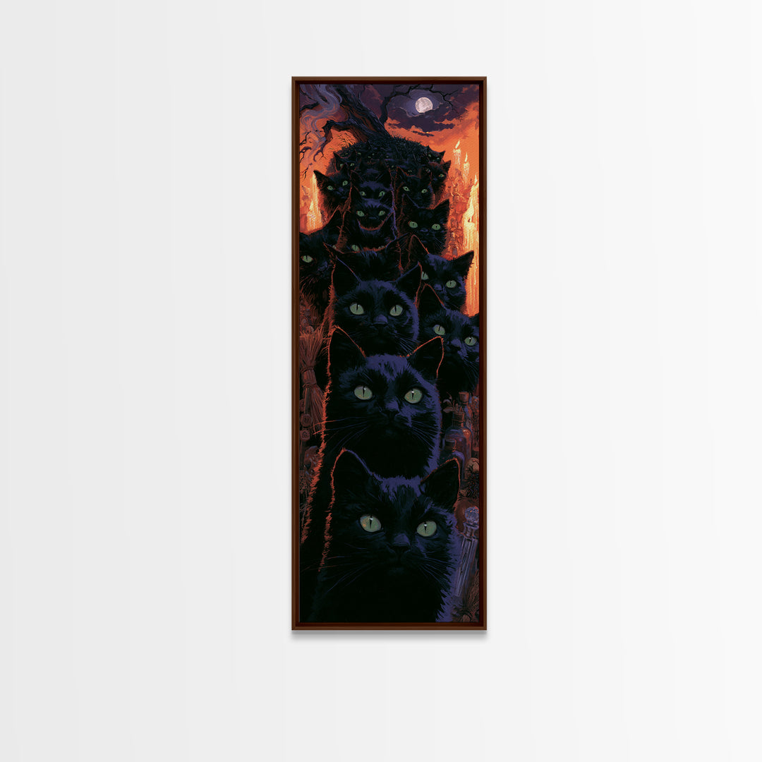 The Black Cat Gathering, Macabre Victorian Decor, Tall Narrow Wall Art, Framed Canvas Print, Gothic Wall Decor, Halloween Portrait Art